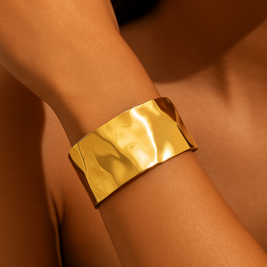 18k gold hammered cuff bracelet on model