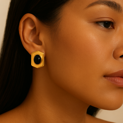 black agate gold earrings on model