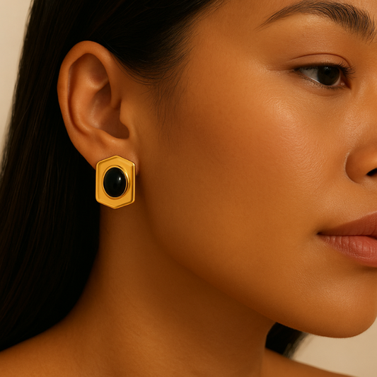 black agate gold earrings on model