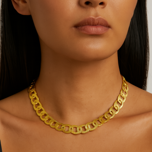 bold chain gold necklace on model
