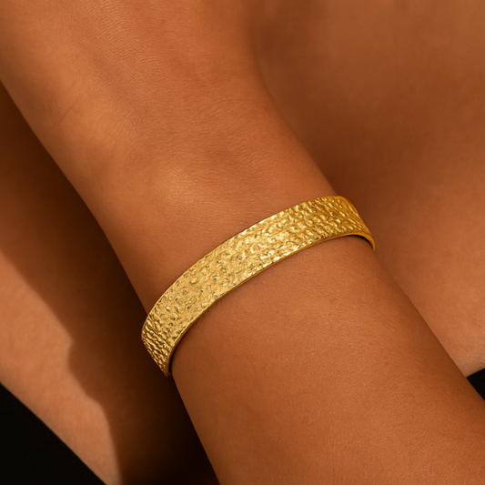 hammered gold cuff bracelet on model