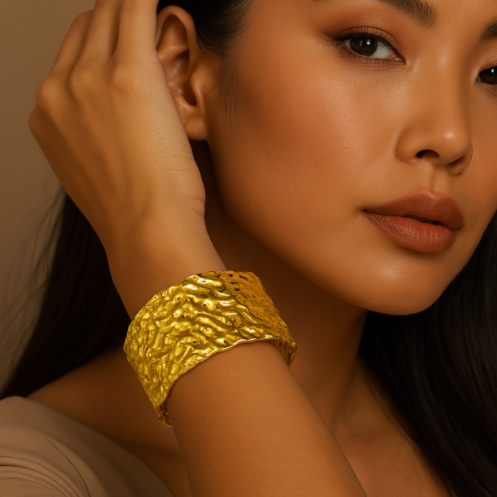 sculpted gold textured cuff on model