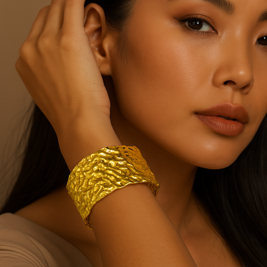 sculpted gold textured cuff on model