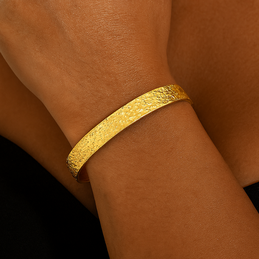 thin hammered gold cuff on model